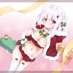  1girl albino azur_lane blush bow braid breasts christmas cleavage closed_mouth cowboy_shot cygnet_(azur_lane) dutch_angle gift gloves green_bow hair_bow hood kanora large_breasts long_hair looking_at_viewer midriff miniskirt navel red_eyes red_gloves red_skirt ribbon shawl skirt skirt_tug solo standing striped striped_bow thigh-highs thigh_strap twitter_username white_hair white_legwear yellow_ribbon 