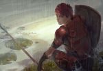  1boy artist_name back copyright_name dated fire_emblem fire_emblem_echoes:_mou_hitori_no_eiyuuou gloves grass leaf lily_pad lukas_(fire_emblem) male_focus mavis_fuji polearm rain red_eyes redhead shield solo spear water weapon 