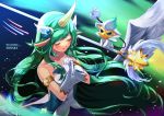  1girl alternate_costume alternate_hair_color armlet breasts character_name closed_eyes gloves green_hair hair_ornament hands_together highres horn league_of_legends long_hair magical_girl niu pointy_ears skirt solo soraka staff star_guardian_soraka very_long_hair white_gloves white_wings wings 