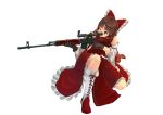  1girl benikurage blush boots bow brown_eyes brown_gloves brown_hair closed_mouth cookie_(touhou) detached_sleeves eyebrows_visible_through_hair gloves gun hair_bow hakurei_reimu highres holding holding_gun holding_weapon hundred-jpy knee_boots looking_away red_bow rifle scope short_hair smile sniper_rifle solo touhou weapon white_boots 