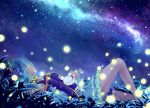  1girl blue_hair blue_shirt blue_skirt closed_eyes cxonline from_side garters hair_between_eyes hatsune_miku highres long_hair lying miniskirt night on_back shirt skirt sky sleeping solo star_(sky) starry_sky vocaloid 