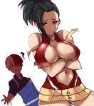  1boy 1girl ? absurdres black_eyes black_hair boku_no_hero_academia breast_hold breasts center_opening cleavage crossed_arms half-closed_eyes highres large_breasts multicolored_hair navel open_mouth ponytail redhead sideburns simple_background smile sweatdrop todoroki_shouto two-tone_hair white_background white_hair yaoyorozu_momo 