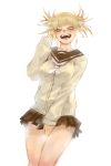  1girl absurdres artist_request blonde_hair blush boku_no_hero_academia breasts commentary_request covering covering_crotch fangs highres large_breasts long_sleeves miniskirt open_mouth school_uniform short_hair skirt solo toga_himiko yellow_eyes 