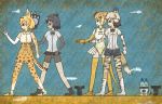  4girls african_wild_dog_(kemono_friends) african_wild_dog_ears african_wild_dog_tail animal_ears anklet bangle bare_shoulders bear_ears bear_paw_hammer beige_hair beige_shirt bike_shorts black_bow black_bowtie black_eyes black_gloves black_hair black_shorts black_skirt blonde_hair blue_background boots bow bowtie bracelet breasts brown_bear_(kemono_friends) brown_boots circlet clenched_hand clenched_hands closed_mouth collared_shirt commentary_request crack egyptian_art elbow_gloves fingerless_gloves from_side full_body gloves golden_snub-nosed_monkey_(kemono_friends) high-waist_skirt high_ponytail highres holding holding_staff holding_weapon jewelry kemono_friends kita_(7kita) legs_apart leotard long_hair long_sleeves lucky_beast_(kemono_friends) medium_breasts microskirt monkey_ears monkey_tail multicolored_hair multiple_girls orange_shoes pantyhose pleated_skirt profile serval_(kemono_friends) serval_ears serval_print serval_tail shirt shoes short_hair short_sleeves shorts skirt sleeveless sleeveless_shirt staff standing striped_tail tail thigh-highs two-tone_hair weapon white_boots white_hair white_shirt white_shoes wing_collar yellow_gloves yellow_legwear 