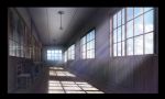  black_border blue_sky border chair clouds cloudy_sky commentary day hallway indoors kimura_(user_iht1203) light_bulb no_humans original scenery school sky sunlight table window windowboxed wooden_floor 