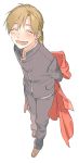  1boy alphonse_elric arms_behind_back black_shirt blush closed_eyes coat fullmetal_alchemist happy long_hair male_focus noako open_mouth pants red_coat shaded_face shirt shoes simple_background smile solo_focus white_background 