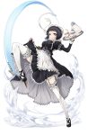  1girl black_hair black_shoes blue_eyes cup frilled_legwear frown garter_belt hair_ornament heel_blade highres holding holding_tray josie_rosebud kicking maid maid_cap motion_lines official_art pocket_watch princess_principal princess_principal_game_of_mission saucer shoes skirt_hold solo standing standing_on_one_leg switchblade teacup teapot tray watch white_legwear 