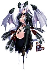  1girl absurdres bat_wings demon_girl highres horns kenkou_cross lilim_(monster_girl_encyclopedia) looking_at_viewer monster_girl monster_girl_encyclopedia pointy_ears red_eyes simple_background smile solo succubus tail white_background white_hair wings 