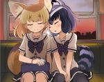  2girls animal_ears bag black_legwear blonde_hair blue_bow blue_hair blush bow bowtie closed_eyes common_raccoon_(kemono_friends) digital_media_player earphones eyebrows_visible_through_hair fennec_(kemono_friends) fox_ears fox_tail ground_vehicle happy kemono_friends listening_to_music multicolored_hair multiple_girls open_mouth pantyhose school_uniform serafuku short_hair short_sleeves sitting skirt sky sleeping smile sunset tail train two-tone_hair wakamizu white_hair window yuri 