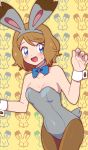  1girl animal_ears blue_eyes blush bow bowtie breasts brown_hair bunnelby bunnelby_(cosplay) bunny_girl bunnysuit cleavage cosplay embarrassed looking_at_viewer moyori nervous_smile pantyhose pokemon pokemon_(anime) pokemon_xy_(anime) rabbit_ears serena_(pokemon) short_hair solo 