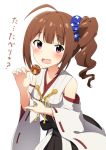  1girl :o ahoge alternate_costume ariel23795 bare_shoulders black_skirt brown_hair commentary_request cosplay detached_sleeves food hair_ornament hair_scrunchie holding holding_food idolmaster idolmaster_million_live! kantai_collection kongou_(kantai_collection) kongou_(kantai_collection)_(cosplay) looking_at_viewer nontraditional_miko scrunchie side_ponytail simple_background skirt solo takoyaki translation_request violet_eyes white_background yokoyama_nao 