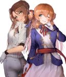  2girls arm_at_side ass blue_jacket blush breasts brown_hair clenched_hand coat coat_removed cowboy_shot dress eyebrows_visible_through_hair girls_frontline gloves green_eyes hair_between_eyes hair_bun hanato_(seonoaiko) head_tilt jacket large_breasts lee-enfield_(girls_frontline) long_hair long_sleeves looking_at_viewer looking_away m1903_springfield_(girls_frontline) multiple_girls neck_ribbon open_clothes open_jacket pants parted_lips red_coat red_ribbon ribbon shirt smile twitter_username white_background white_dress white_gloves white_shirt 