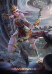  1girl ahmad_said aiming armlet arrow artist_name bare_shoulders belt blurry bow_(weapon) character_name cobra_(animal) crown depth_of_field dress full_body grey_hair hair_ornament highres jewelry long_hair necklace_removed quiver realistic red_eyes running sandals shin_guards srikandi strapless strapless_dress temple thigh_strap vambraces weapon 