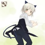  ass bed black_legwear blush cat_ears cat_tail from_behind green_eyes hanyu looking_back lying on_side pantyhose sanya_v_litvyak short_hair signature silver_hair solo strike_witches tail 
