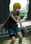  blonde_hair cape denim denim_shorts fingerless_gloves gloves green_eyes gun handgun holster jewelry lotz midriff necklace original pistol short_hair shorts skyline wading water weapon 