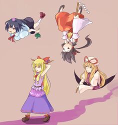  bad_id black_hair blonde_hair flying gap hakurei_reimu hands_behind_head horns ibuki_suika red_eyes shameimaru_aya shiba_murashouji touhou upside-down upside_down walking yakumo_yukari yellow_eyes 