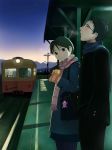  breath can glasses gloves highres mimura_kaoru original scarf short_hair train train_station 