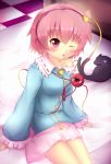  1girl bare_shoulders eyeball hairband headphones kaenbyou_rin kaenbyou_rin_(cat) kane-neko komeiji_satori multiple_tails off_shoulder open_mouth pink_eyes pink_hair short_hair sitting sitting_on_bed skirt solo_focus tail third_eye touhou wings 