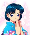  blue_eyes blue_hair blush flower japanese_clothes kimono mizuno_ami pirochi short_hair smile 