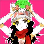  1girl black_hair buzz grey_eyes hat hikari_(pokemon) long_hair lowres oekaki pokemon pokemon_(creature) scarf shaymin 