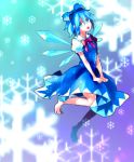  1girl barefoot blue_eyes blue_hair bow cirno dada_(dolce) fairy hair_bow ribbon ribbons short_hair snowflake snowflakes touhou wings 