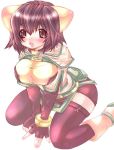  :d artist_request belt belt_pouch belts blush bob_cut boots bracelet breast_squeeze breasts capelet elbow_gloves fingerless_gloves gloves hunter hunter_(ragnarok_online) jewelry kneeling large_breasts leaning_forward open_mouth purple_hair purple_legwear ragnarok_online red_eyes short_hair simple_background smile solo taut_shirt thigh-highs thighhighs 