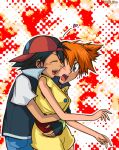  bad_id blush fingerless_gloves gloves green_eyes hat hug hug_from_behind kasumi_(pokemon) kasumi_(pokemon)_(ag) open_mouth orange_hair pokemon pokemon_(anime) satoshi_(pokemon) short_hair side_ponytail surprise surprised xruka 