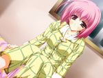  amakawa_akito bed blush brown_eyes dutch_angle otome_smile pajamas pink_hair short_hair 