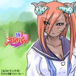  blue_eyes blush breasts cleavage dark_skin female horn horns long_hair naruto red_hair school_uniform solo tayuya 