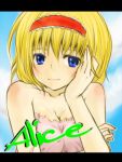  alice_margatroid bad_id bare_shoulders blonde_hair blue_eyes hairband short_hair smile solo touhou yjy 