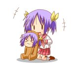  &gt;_&lt; :3 animal_costume bear_costume bear_tsukasa capybara-san chibi front_to_back hair_ribbon hair_ribbons hiiragi_tsukasa kneeling loafers lucky_star minami_(colorful_palette) multiple_girls open_mouth purple_hair ribbon ribbons school_uniform serafuku shoes short_hair simple_background sitting socks twintails x3 |_| 