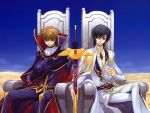  artbook black_hair brown_hair cape code_geass green_eyes hat highres kimura_takahiro kururugi_suzaku lelouch_lamperouge male ookouchi_ricca purple_eyes short_hair sword throne violet_eyes weapon zero_(code_geass) 