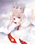  delusion_syndrome dress dress_of_heaven fate/stay_night fate_(series) illyasviel_von_einzbern long_hair lying red_eyes silver_hair snow solo thighhighs white_hair 