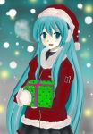  earmuffs gift hat hatsune_miku highres holding holding_gift long_hair mittens santa_hat skirt snow spring_onion unyo-n very_long_hair vocaloid 