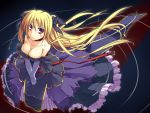  blonde_hair breasts cleavage dress fate_testarossa from_above gloves long_hair mahou_shoujo_lyrical_nanoha mahou_shoujo_lyrical_nanoha_strikers red_eyes ribbon ribbons t-ray twintails very_long_hair water work_in_progress 