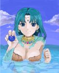  blue_eyes earrings green_hair jewelry short_hair sky swimsuit tsuyu valkyrie_profile water yumei_(valkyrie_profile) yumei_(vp) 