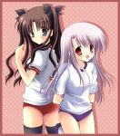  aqua_eyes blush brown_hair fate/stay_night fate_(series) illyasviel_von_einzbern long_hair multiple_girls red_eyes silver_hair thighhighs tohsaka_rin toosaka_rin 