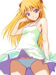  blonde_hair blue_eyes dress from_below hair_flip long_hair looking_down neon_genesis_evangelion panties pantyshot smile souryuu_asuka_langley underwear wind wind_lift 