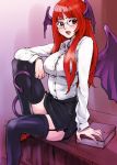  bespectacled demon_tail garter_belt glasses head_wings koakuma kuma_(artist) kuma_(crimsonvanilla) miniskirt red_eyes red_hair redhead sitting skirt tail thigh-highs thighhighs touhou wings zettai_ryouiki 