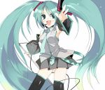  aqua_hair bad_id blaze_(artist) detached_sleeves hands hatsune_miku headset long_hair necktie outstretched_arm outstretched_hand reaching skirt thigh-highs thighhighs twintails very_long_hair vocaloid 