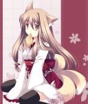  animal_ears brown_eyes brown_hair food fox_ears fox_tail japanese_clothes kneeling kyuubi long_hair miko mouth_hold multiple_tails original solo tail takase_kanan thigh-highs thighhighs tofu 