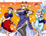  blonde_hair breasts dancing fan gloves large_breasts pink_hair saigyouji_yuyuko shouzu_choukou thighhighs touhou white_hair yagokoro_eirin yakumo_yukari 