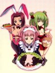  alternate_costume animal_ears anya_alstreim black_pantyhose braid breasts bunny_ears bunnysuit c.c. cc china_dress chinadress chinese_clothes cleavage cleavage_cutout code_geass enmaided fishnet_pantyhose fishnets food highres kallen_stadtfeld maid official_art pantyhose rabbit_ears 