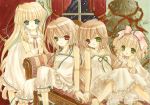 4girls asapon blonde_hair blue_eyes brown_hair christmas commentary_request doll_joints green_eyes heterochromia hina_ichigo joints lingerie long_hair multiple_girls partial_commentary rozen_maiden shinku short_hair siblings sisters snow souseiseki suiseiseki twins twintails underwear