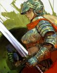  blonde_hair cape helmet knight long_hair midriff okojo original red_eyes shield sword weapon 