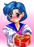  blue_eyes blue_hair blush bow gift holding holding_gift mizuno_ami pirochi school_uniform short_hair sweatdrop valentine 