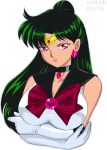  bishoujo_senshi_sailor_moon breasts bun choker crossed_arms earrings elbow_gloves gloves green_hair hair_bun jewelry large_breasts lipstick long_hair magical_girl meiou_setsuna pirochi red_eyes sailor_pluto solo tiara 