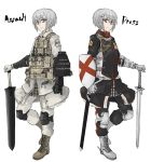  boots comparison english female grey_eyes gun hair_ornament hairclip load_bearing_vest military operator shield short_hair sigama sigma_(artist) silver_hair sword symmetry uniform weapon 