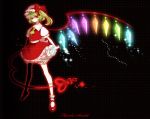  black_background blonde_hair bloomers bow character_name crystal crystals dress flandre_scarlet frills glow glowing hat laevatein mami mary_janes maryjanes rainbow_order red_dress red_eyes shoes side_ponytail socks touhou wings 