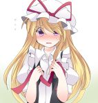  1girl alternate_costume apron blonde_hair blush bust dress_shirt enmaided hammer_(sunset_beach) hat long_hair maid open_mouth ribbon shirt solo touhou violet_eyes yakumo_yukari 